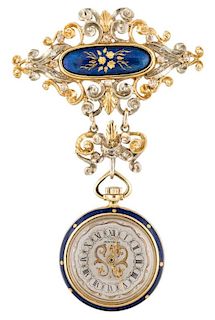 MONTREUX 18K GOLD, ENAMEL AND DIAMOND-SET OPENFACE KEYLESS CYLINDER WATCH PENDANT WITH MATCHING BROOCH