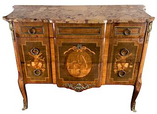 A 19TH CENTURY FRENCH MARQUETRY COMMODE WITH MARBLE TOP