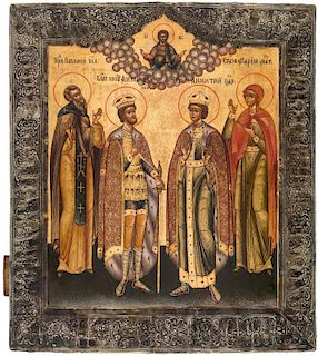 A RUSSIAN ICON WITH FOUR SAINTS IN A BASMA OKLAD, MOSCOW, 18TH CENTURY