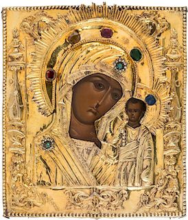 A RUSSIAN ICON OF THE KAZANSKAYA MOTHER OF GOD IN A GILT SILVER AND GEM-SET OKLAD, MOSCOW REGION, 18TH CENTURY