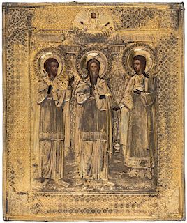 A RUSSIAN ICON OF THE HOLY MARTYRS SAMON, GURIY AND AVIV IN A GILT SILVER OKLAD, MOSCOW SCHOOL, 1886