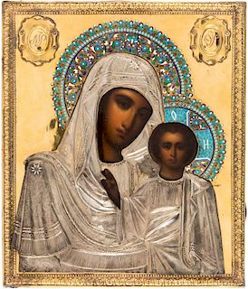 A RUSSIAN ICON OF THE KAZANSKAYA MOTHER OF GOD IN A GILT SILVER AND CLOISONNE ENAMEL OKLAD, EMELYAN KUZNETSOV, MOSCOW, 1896-1