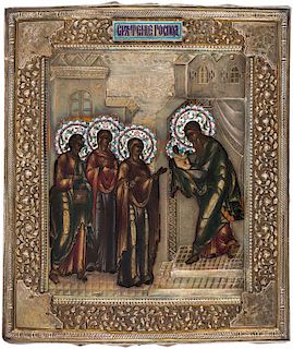 A RUSSIAN ICON OF THE PRESENTATION OF CHRIST [SRETENIE] IN A GILT SILVER AND ENAMEL OKLAD, MOSCOW, 1908-1917
