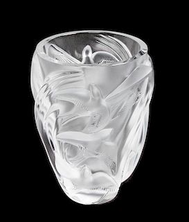 * A Lalique Molded and Frosted Glass Vase Height 9 1/2 inches.