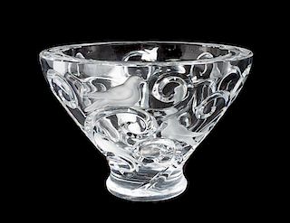 * A Lalique Molded and Frosted Glass Center Bowl Height 7 1/2 x diameter 11 inches.