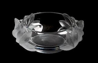 * A Lalique Molded and Frosted Glass Bowl Height 4 1/4 x diameter 11 inches.