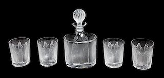 * A Lalique Molded and Frosted Glass Cordial Set Height of decanter 10 inches.