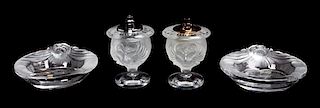 * A Lalique Molded and Frosted Glass Four-Piece Smoking Set Height of first 4 inches.