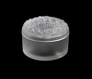 * A Lalique Molded and Frosted Glass Lidded Box Height 2 1/4 inches.