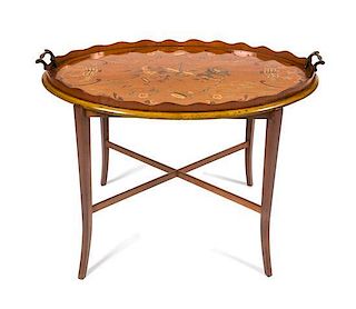 An Edwardian Inlaid Satinwood Oval Tray on Later Stand Height 18 3/4 x width 27 x depth 17 1/2 inches.