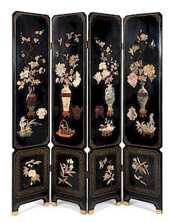 * A Chinese Hardstone Inset Four-fold Screen Height 72 x width of each panel 16 inches.