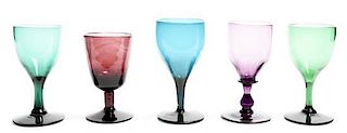 A Collection of Colored Glass Cordials, Height of tallest 5 inches.