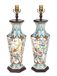 A Pair of Hexagonal Vases Mounted as Table Lamps Height 18 inches.