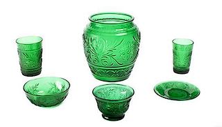 A Collection of American Green Pattern Glass Table Articles, Height of tallest 6 5/8 inches.