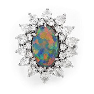 Vintage Tiffany & Co Oval Cabochon Black Opal, Pear Shape and Round Brilliant Cut Diamond and Platinum Ring