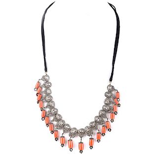 Indian Table Cut Diamond, Red Coral Bead and Silver Fringe Necklace with Gold Foil Back