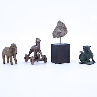 Collection Of Three (3) Asian Bronzes and a Pre-Colombian Pottery Mask, Includes a modern Chinese signed foo dog, Indian elep