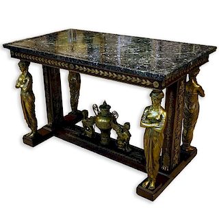 After: Jacob Desmalter (1799 - 1870) French Empire Style Gilt Bronze Mounted Mahogany Center Table with Verde Antico Marble T