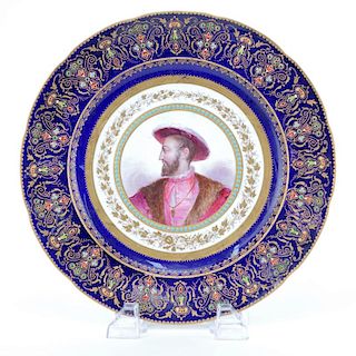 19th Century Sevres Jeweled Cobalt and Gilt Hand painted Cabinet Plate of Francois 1