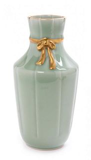 A Gilt Decorated Celadon Glazed Porcelain Vase Height 9 1/2 inches.