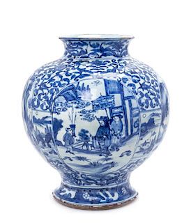 A Rare Delft-Style Blue and White Porcelain Jar Height 14 1/4 inches.