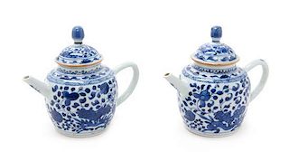 A Pair of Blue and White Porcelain Tea Pots Height 5 1/2 inches.