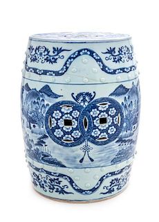* A Blue and White Porcelain Garden Stool Height 18 x diameter 13 inches.