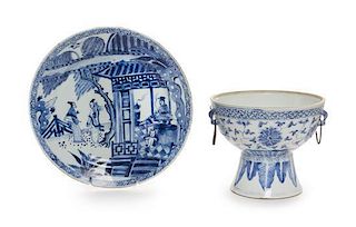 Two Blue and White Porcelain Articles Diameter of larger 9 inches.