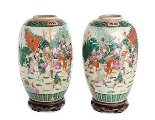 * A Pair of Famille Verte Porcelain Jars Height of each 15 1/4 inches.