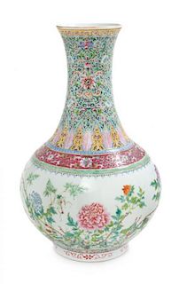 A Famille Rose Porcelain Vase Height 15 1/2 inches.