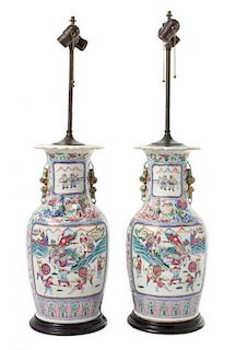 * A Pair of Chinese Export Rose Canton Porcelain Vases Height 17 1/4 inches.