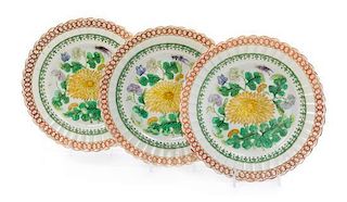 Three Chinese Export Polychrome Enameled Porcelain Plates Diameter 8 5/8 inches.