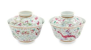 A Pair of Famille Rose Porcelain Covered Tea Bowls Diameter of each 4 1/2 inches.