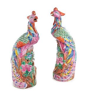 * A Pair of Chinese Export Famille Rose Porcelain Figures of Phoenix Height 14 1/2 inches.