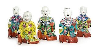* Five Famille Rose Porcelain Figures of Laughing Boys Height of highest 6 1/2 inches.