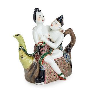 * A Famille Rose Porcelain Erotic Wine Pot Height 5 3/4 inches.