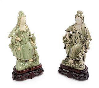 * Two Celadon and Biscuit Figures of Guanyin Height 10 inches.