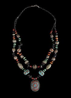 * A Tibetan Hardstone Inset Metal Necklace