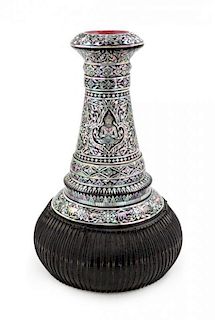 A Thai Mother-of-Pearl Inlaid Lacquer Goblet Drum Height 15 inches.