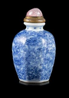 A Small Blue and White Porcelain Octagonal Snuff Bottle Height 2 1/2 inches.