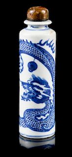 A Blue and White Porcelain Snuff Bottle Height 4 inches.