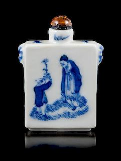 A Blue and White Porcelain Snuff Bottle Height 2 1/2 inches.