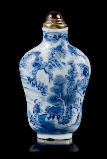 A Blue ane White Porcelain Snuff Bottle Height 2 1/2 inches.
