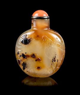 * A Carved Cameo Agate Snuff Bottle Height 2 5/16 inches.
