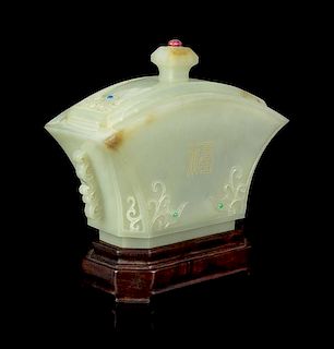 * A Mughal-Style Celadon Jade Vessel and Cover Height 5 1/4 inches.