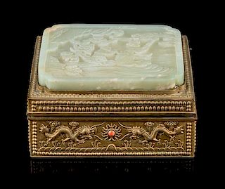 A Celadon Jade Inset Brass Box Length 5 5/8 inches.