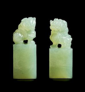 A Pair of Celadon Jade Seals Height 1 3/4 inches.