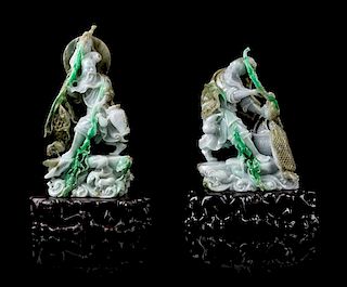 * A Pair of Jadeite Figures of Fisherman Immortals Height of wach 10 1/2 inches.