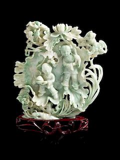 An Apple Green and Celadon Jadeite Carving Height 7 inches.