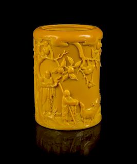* A Yellow Peking Glass Brushpot Height 7 3/4 inches.